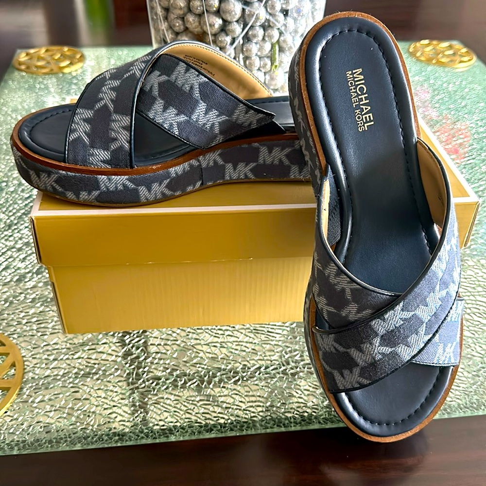 Michael Kors Indira MK Outline Jacquard Wedge Sandals